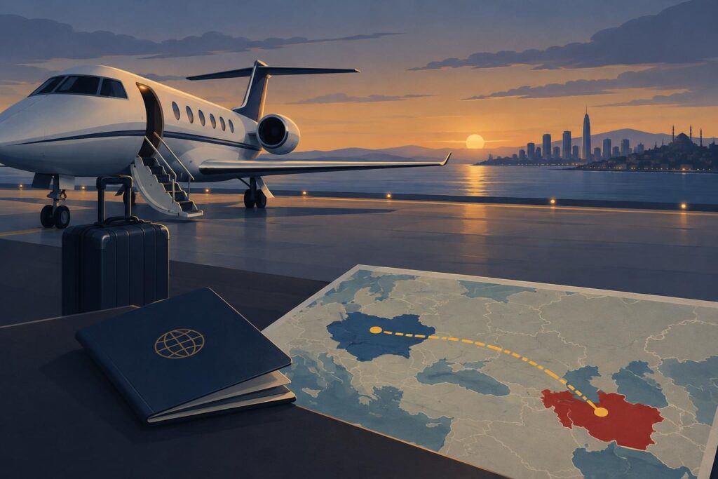 Ilustración de avión privado, pasaporte y ruta entre países