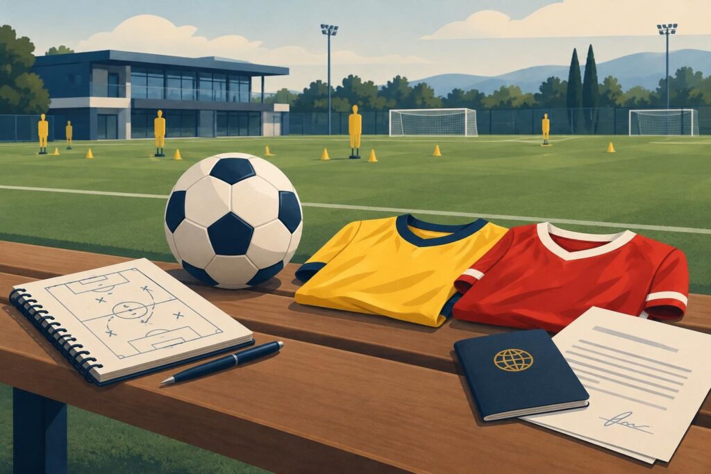 Ilustración de un balón, cancha juvenil y papeles de contrato