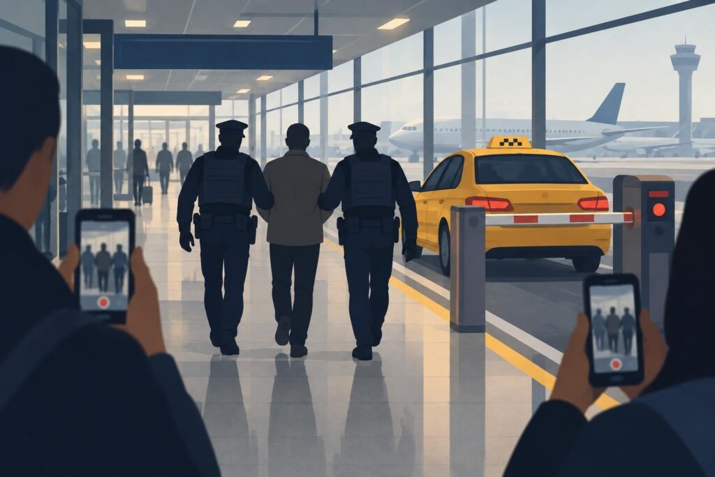 Pasillo de aeropuerto con policía, taxi y celulares grabando