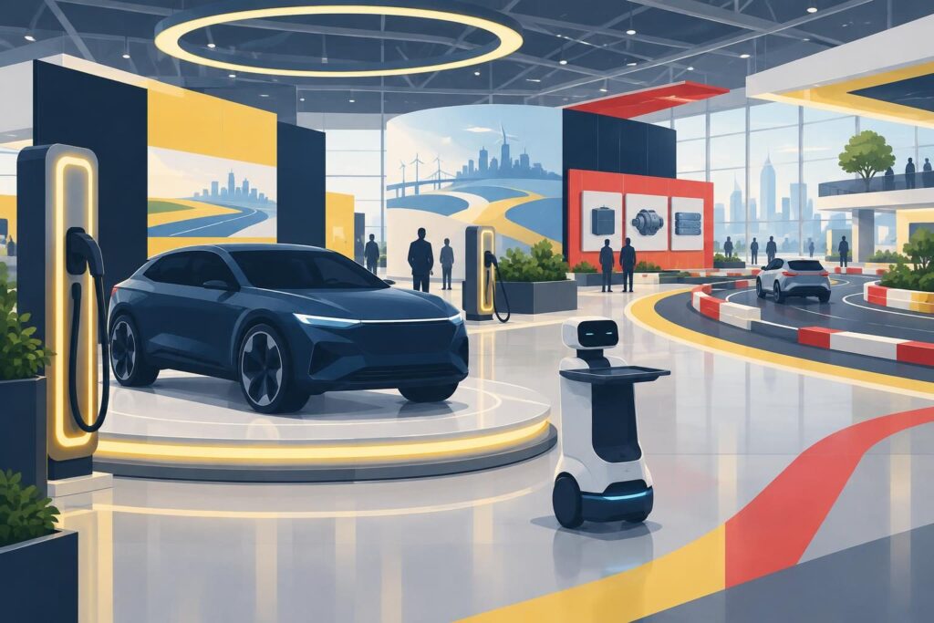 Ilustración de un salón futurista con carro eléctrico y robot