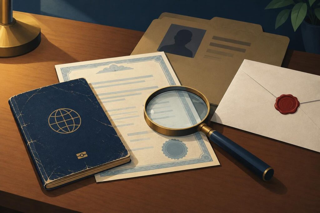 Pasaporte, certificado y lupa sobre un escritorio, con carpeta judicial sobria
