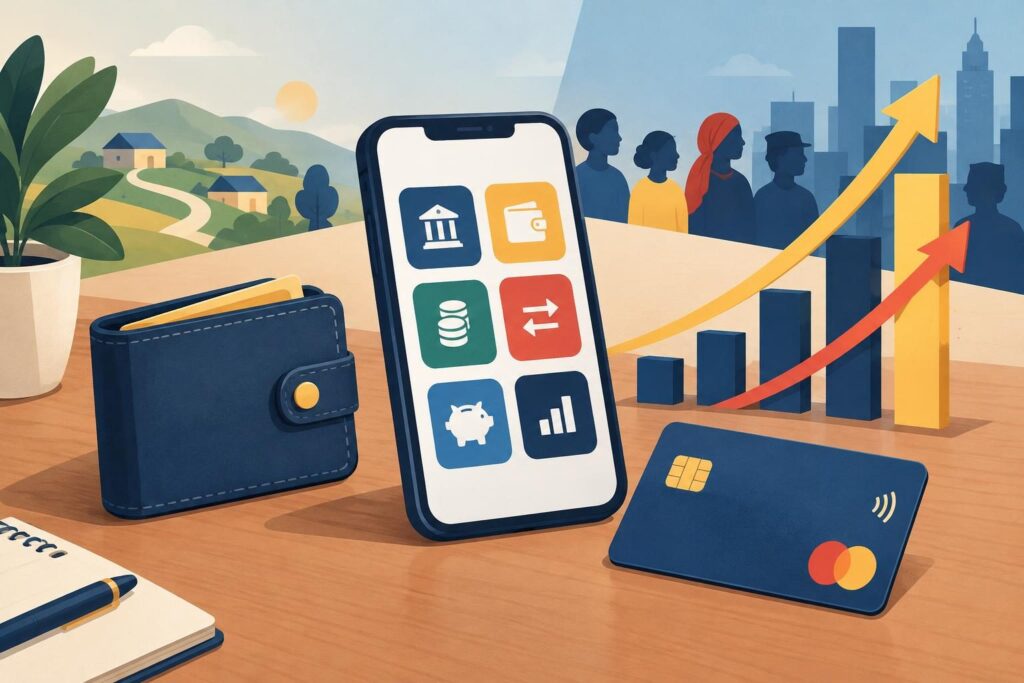 Ilustración de celular, billetera y gráfica ascendente sobre inclusión financiera