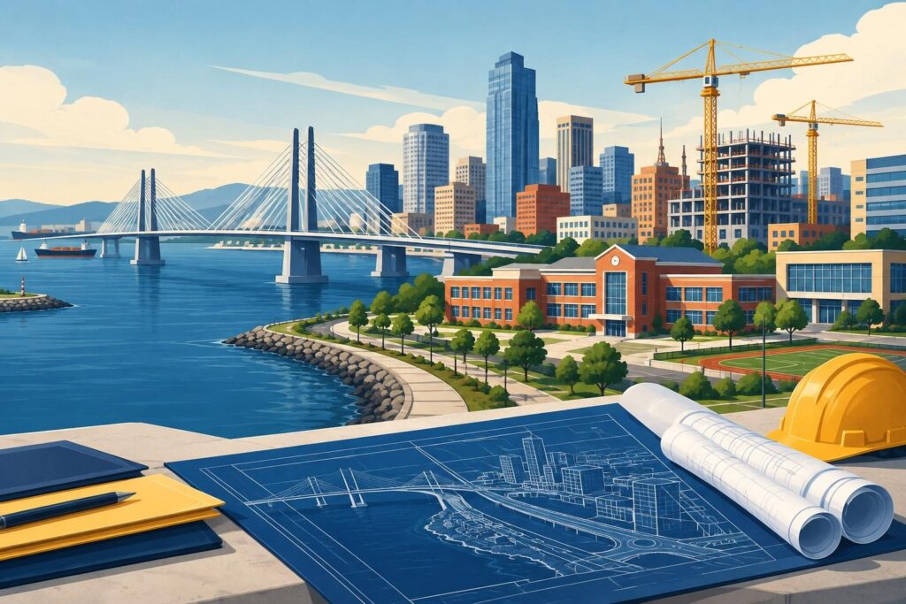 Ilustración de obras urbanas, grúas y planos en una ciudad costera