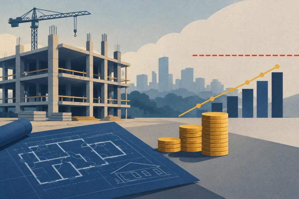 Ilustración de obra inconclusa, planos y gráfica económica rezagada
