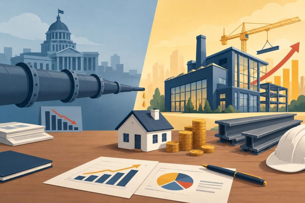 Ilustración de economía dividida con casa, monedas y gráficos