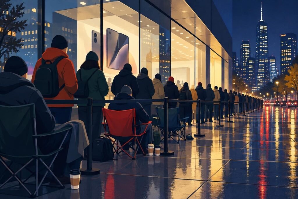 Filas nocturnas frente a una tienda por el lanzamiento del iPhone Duo