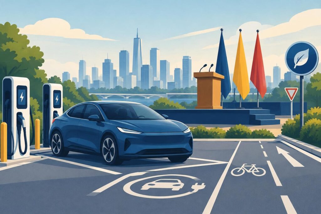 Ilustración del congreso automotor con carro y ciudad