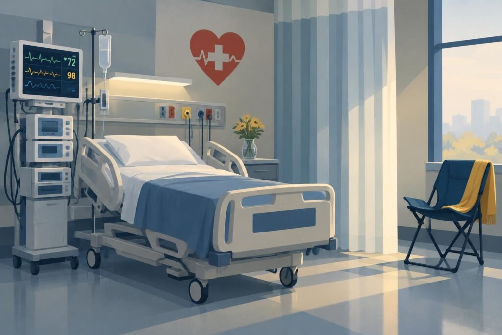 UCI hospitalaria con monitor y símbolos médicos sobrios
