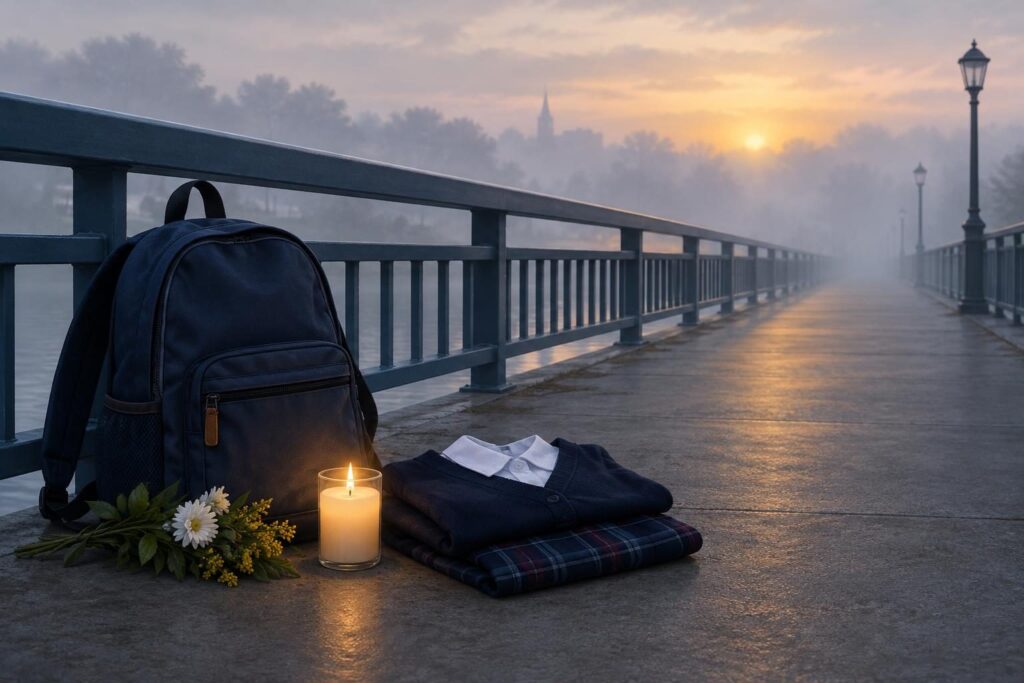 Mochila escolar y vela sobre un puente vacío en la niebla