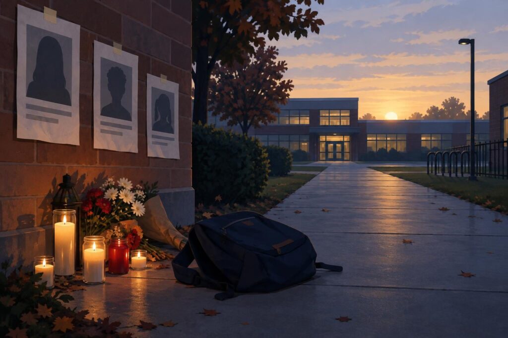 Camino escolar vacío con maleta y velas en homenaje