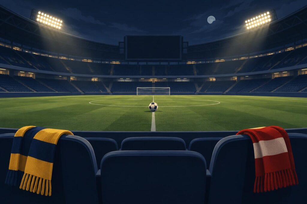 Estadio nocturno con balón y butacas vacías para el partido