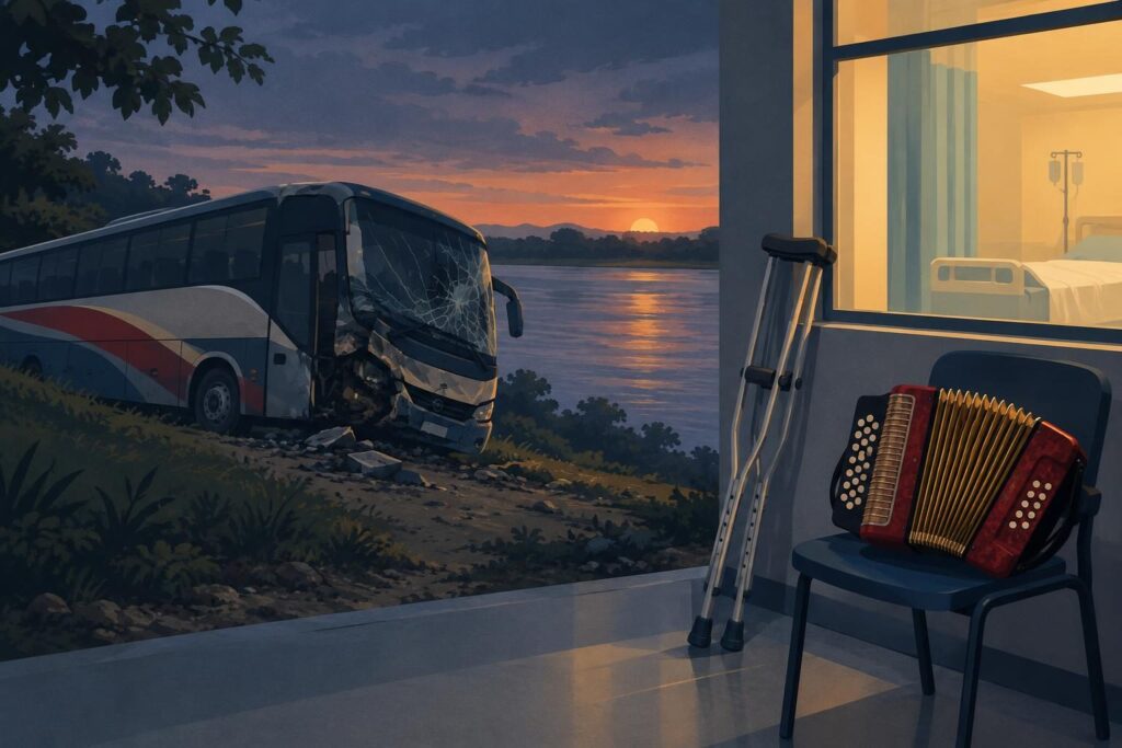 Bus accidentado junto al río y acordeón en una silla