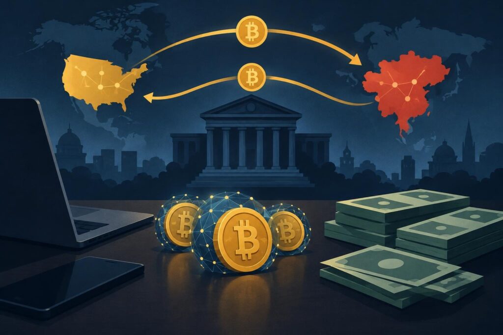 Ilustración de criptomonedas, tribunal y flujo de dinero entre países