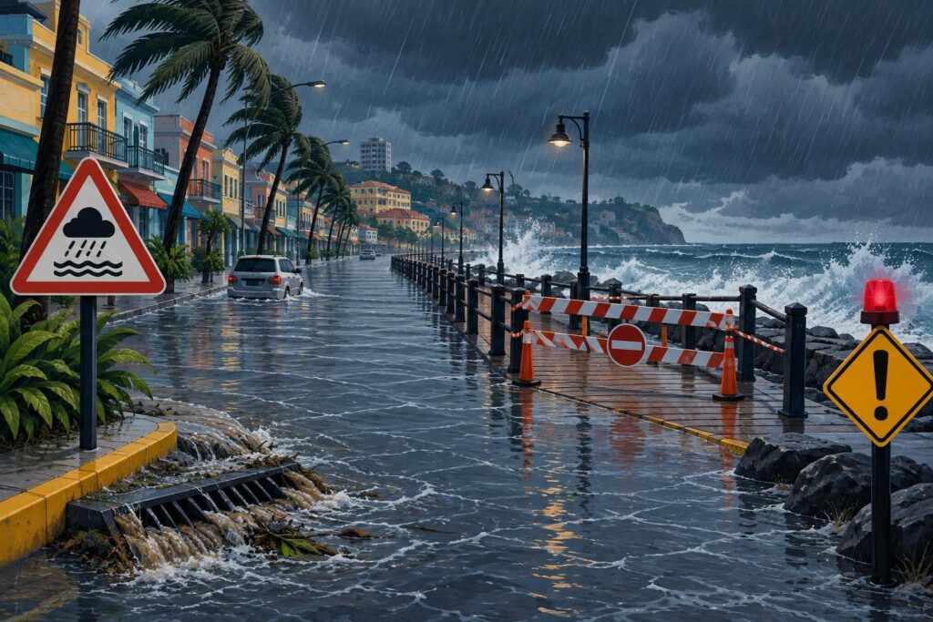 Ilustración de calles inundadas y alerta por lluvias en una ciudad costera