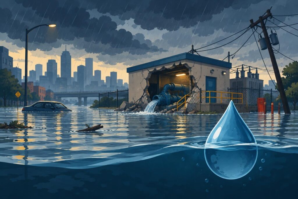Ilustración de calles inundadas y un sistema de acueducto afectado por la lluvia