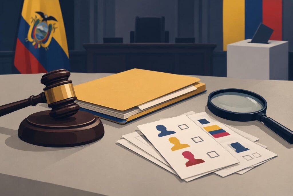 Martillo judicial, carpeta y papeletas de votación en tono sobrio