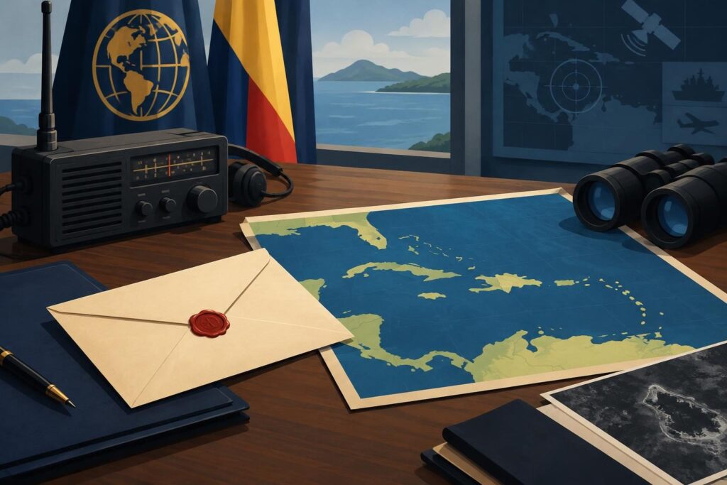 Mesa diplomática con sobre sellado, radio y mapa del Caribe