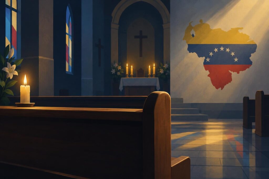 Ilustración de una iglesia con una vela y mapa de Venezuela