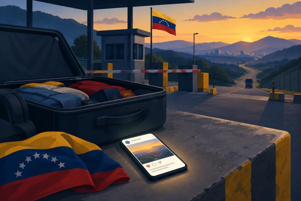 Ilustración de una frontera con maleta, celular y camino de regreso