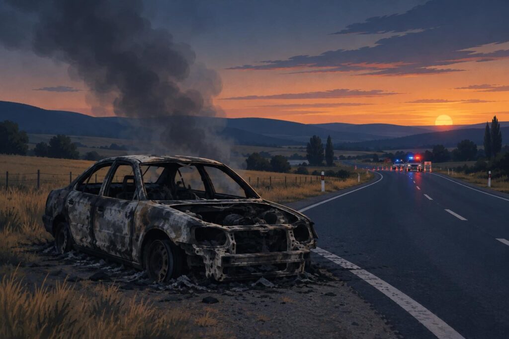 Carro incinerado en una carretera rural y ambiente de zozobra