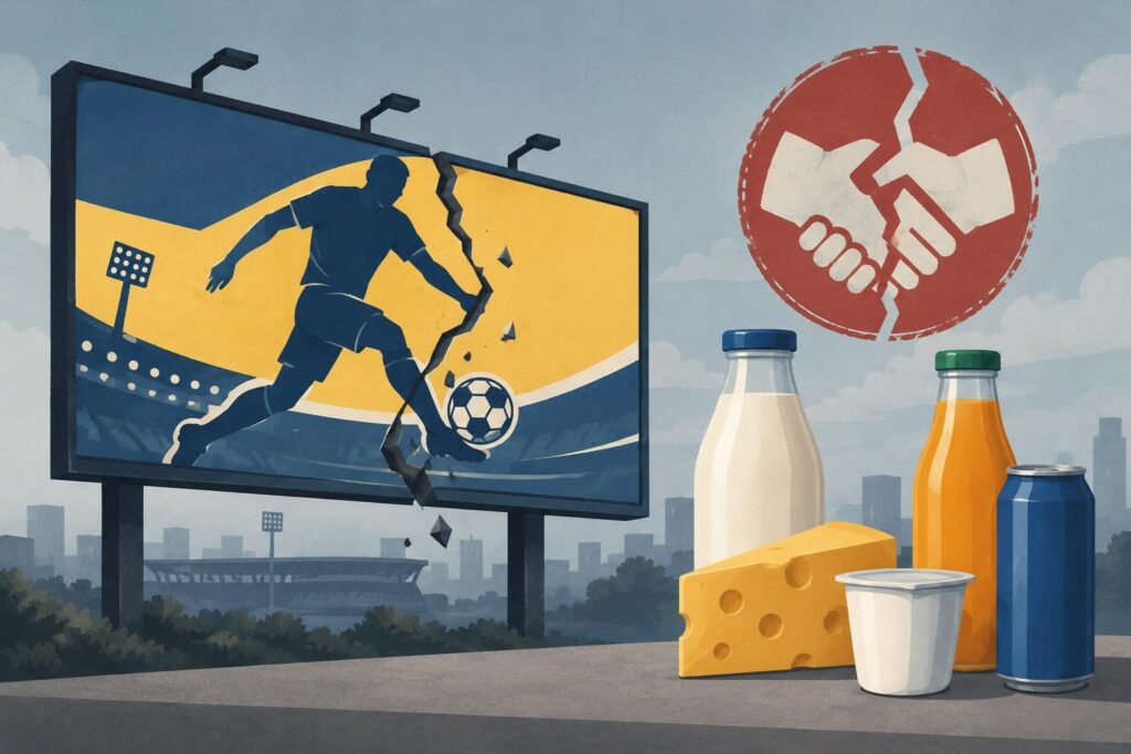 Ilustración de acuerdos rotos junto a botellas y envases de lácteos