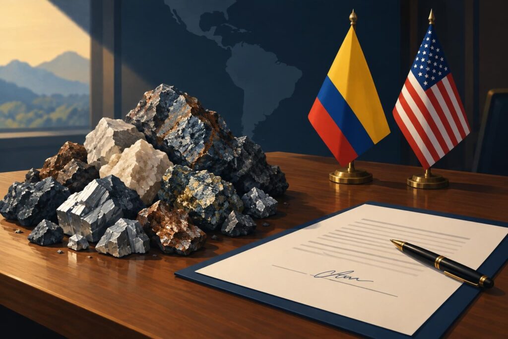 Ilustración de minerales y un documento firmado junto a banderas de Colombia y Estados Unidos
