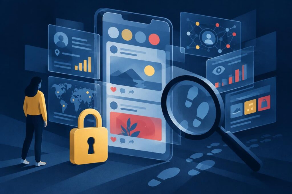 Ilustración de privacidad digital con candado y paneles de datos