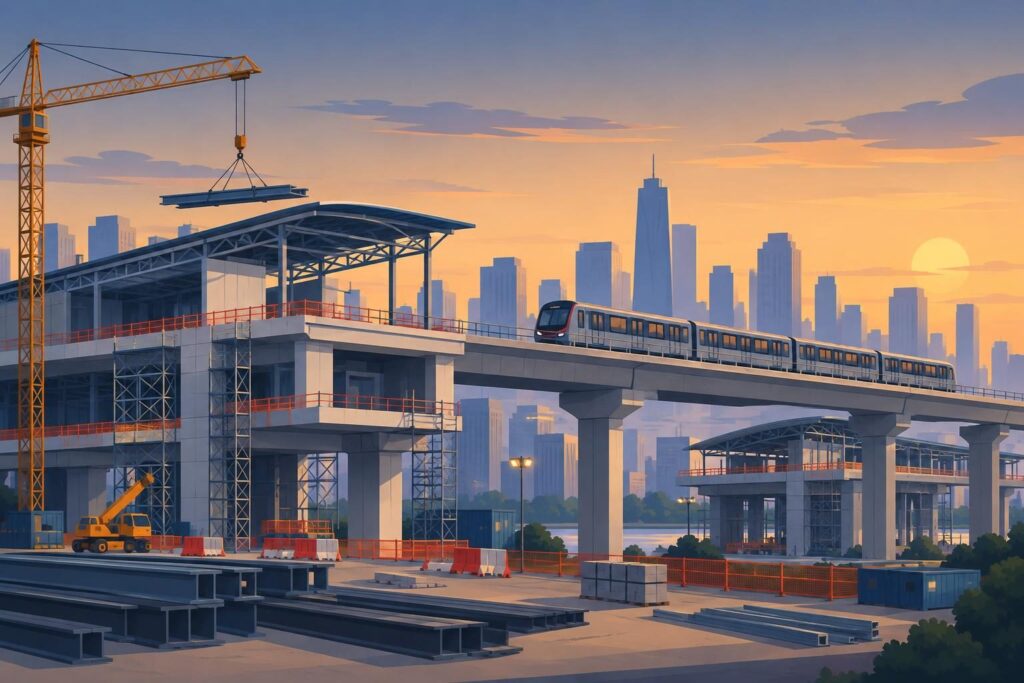 Ilustración del viaducto y trenes del Metro de Bogotá en obra