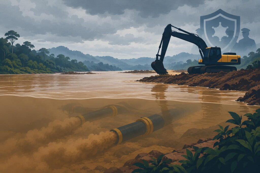 Ilustración de un río con excavadora y símbolos de control ambiental