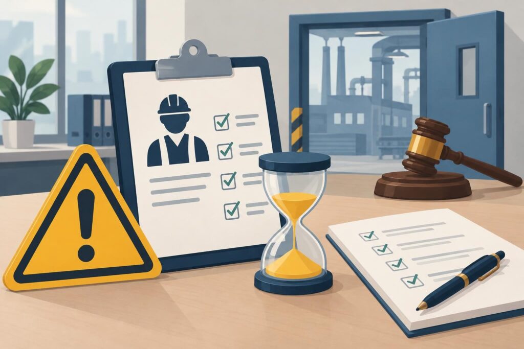 Ilustración de inspección laboral con portapapeles, reloj de arena y señal de advertencia