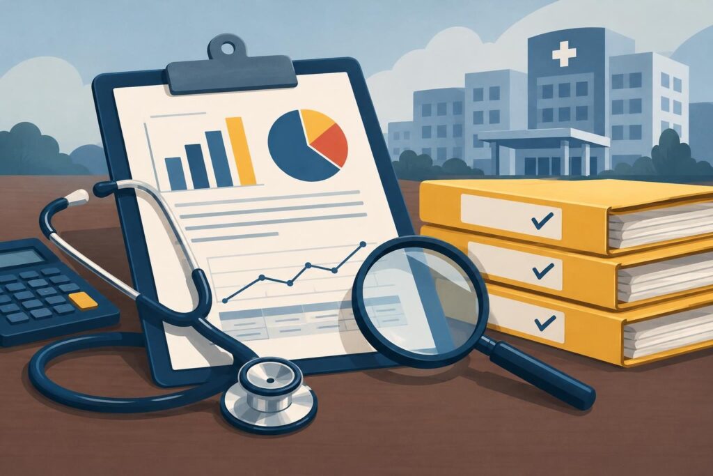 Ilustración de auditoría de recursos de salud con carpetas y lupa