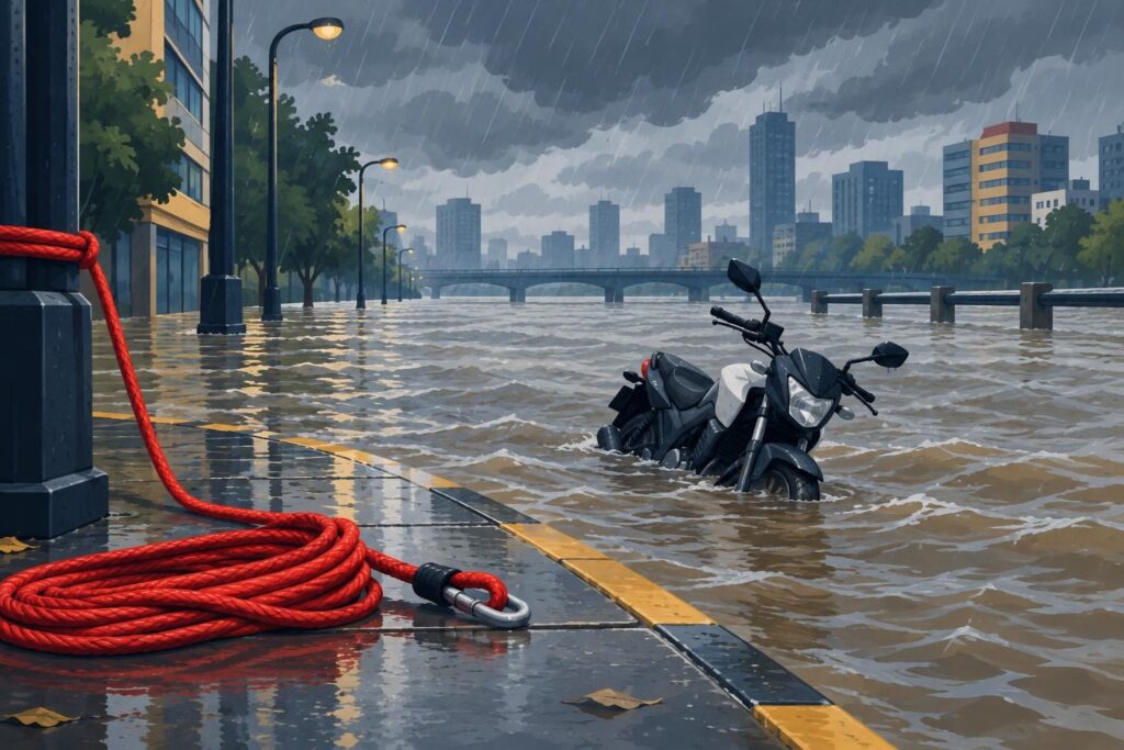 Moto atrapada en calle inundada durante fuertes lluvias