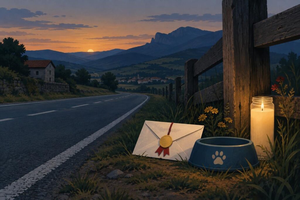 Camino rural solemne con vela y elementos simbólicos por la muerte de un perro