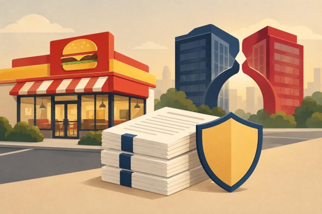 Ilustración de una tienda de comida con contratos y un escudo protector