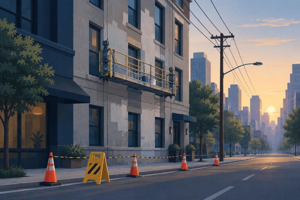 Andamio junto a cables eléctricos y fachada de edificio en reparación
