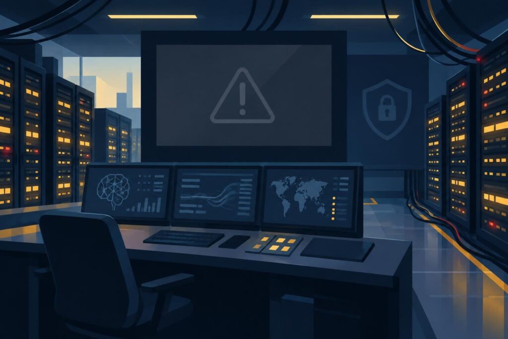 Sala tecnológica con panel de seguridad apagado y símbolo de escudo