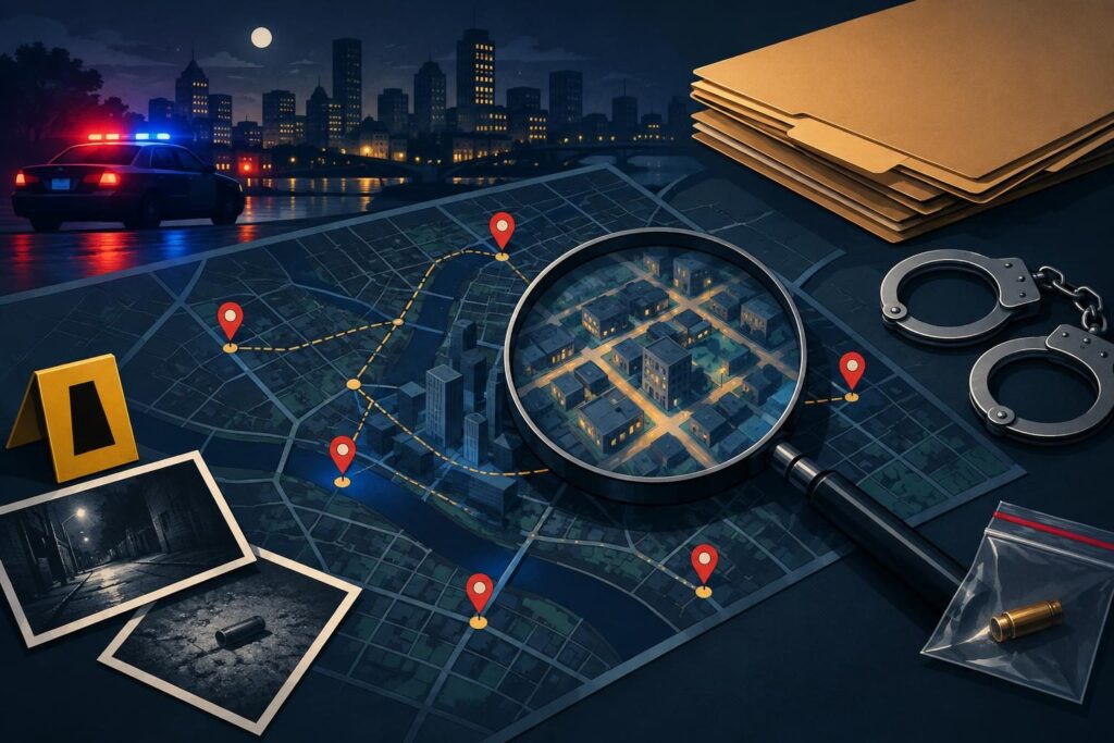 Ilustración de un mapa urbano con controles y evidencia policial