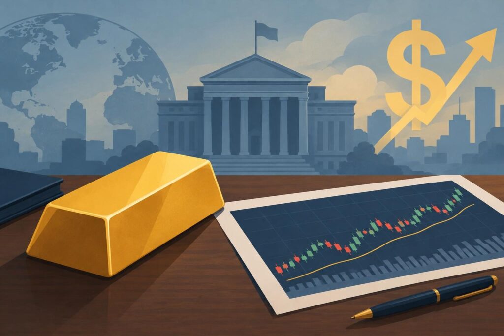 Lingote de oro y gráfico financiero con una sede bancaria al fondo