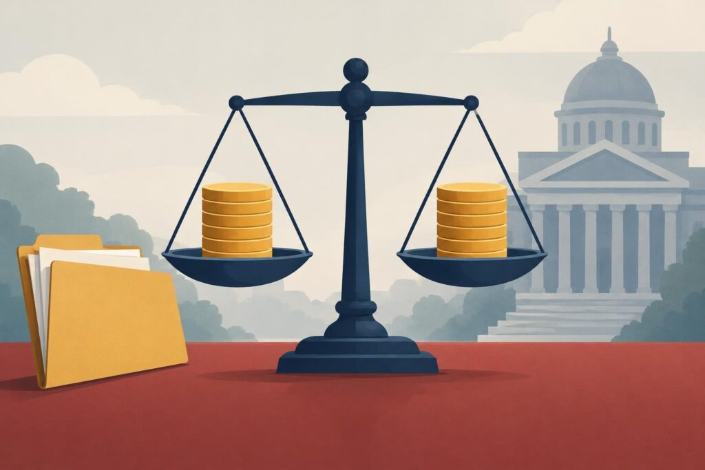 Balanza con monedas y carpeta frente a una sede judicial