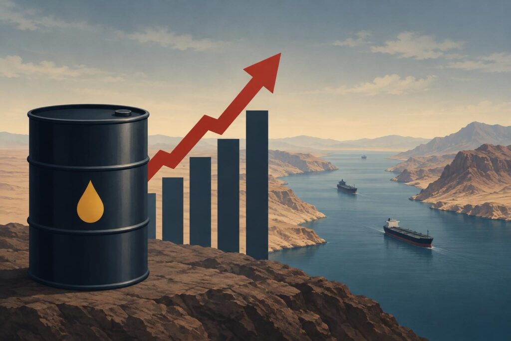 Barril de petróleo con gráfica al alza y un estrecho marítimo al fondo