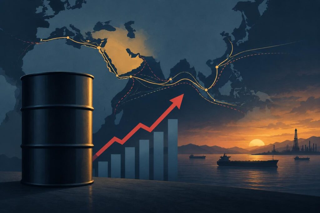 Barril de petróleo junto a un mapa y una ruta marítima