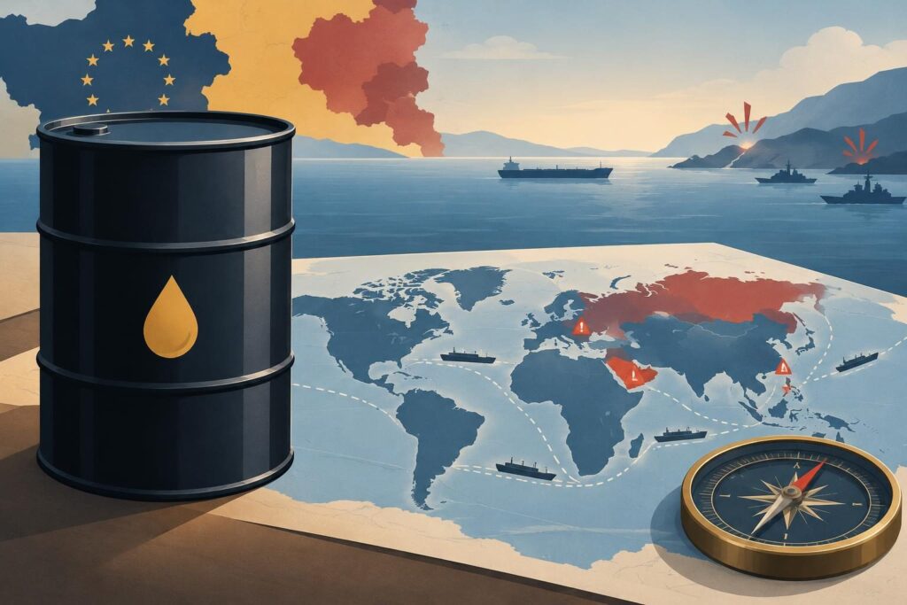 Barril de petróleo junto a un mapa y una ruta marítima