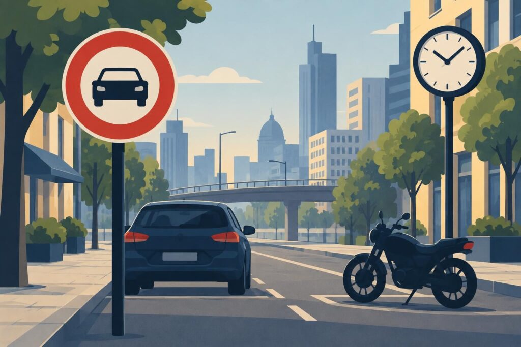 Ilustración de una vía urbana con señal de restricción y reloj
