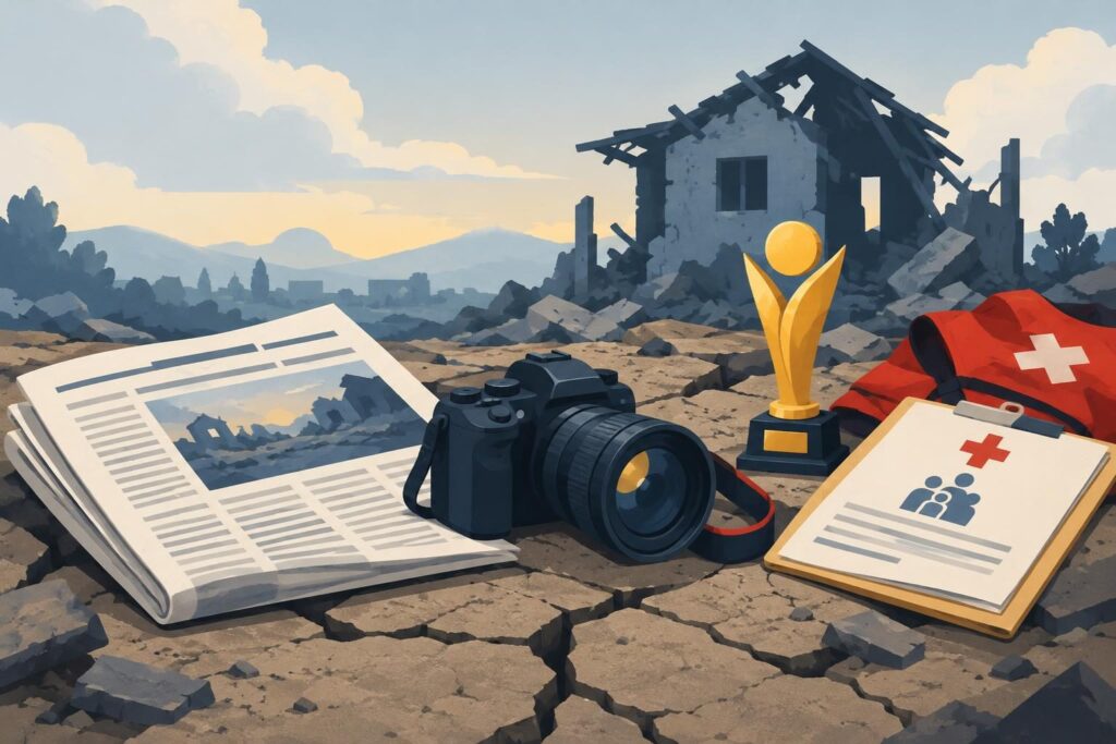 Ilustración de un periódico, cámara y casa agrietada junto a un trofeo