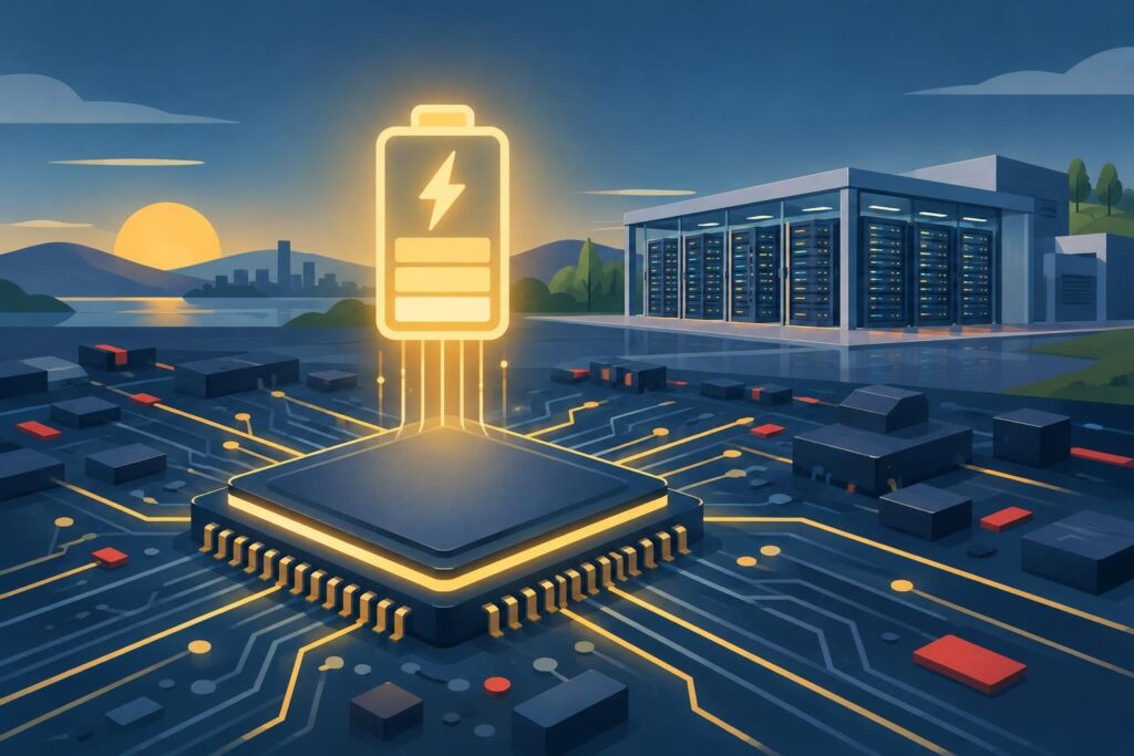 Chip moderno con batería y centro de datos al fondo