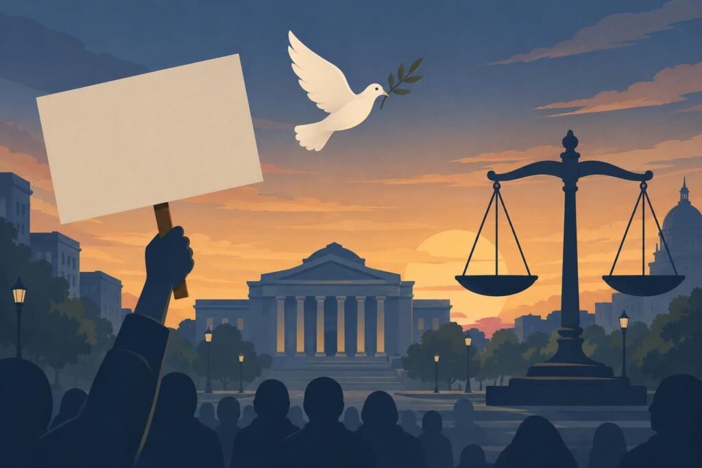 Ilustración con calle, paloma y balanza sobre garantías a la protesta