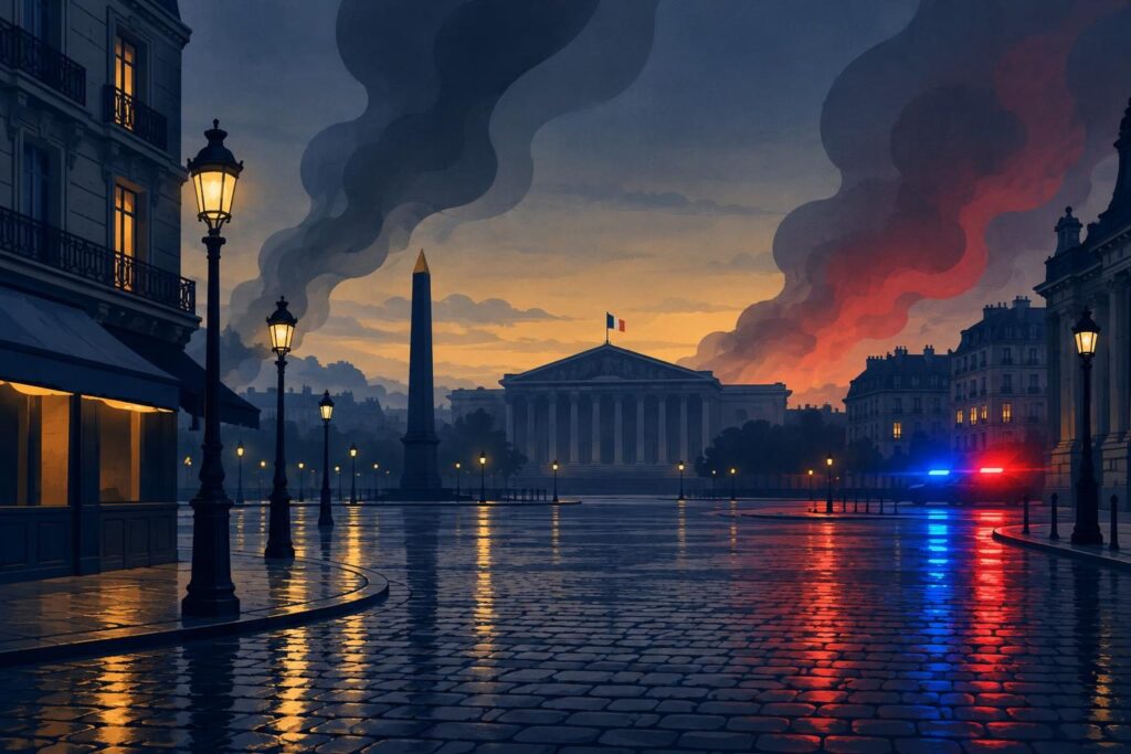 Plaza francesa vacía al atardecer con luces policiales y tensión