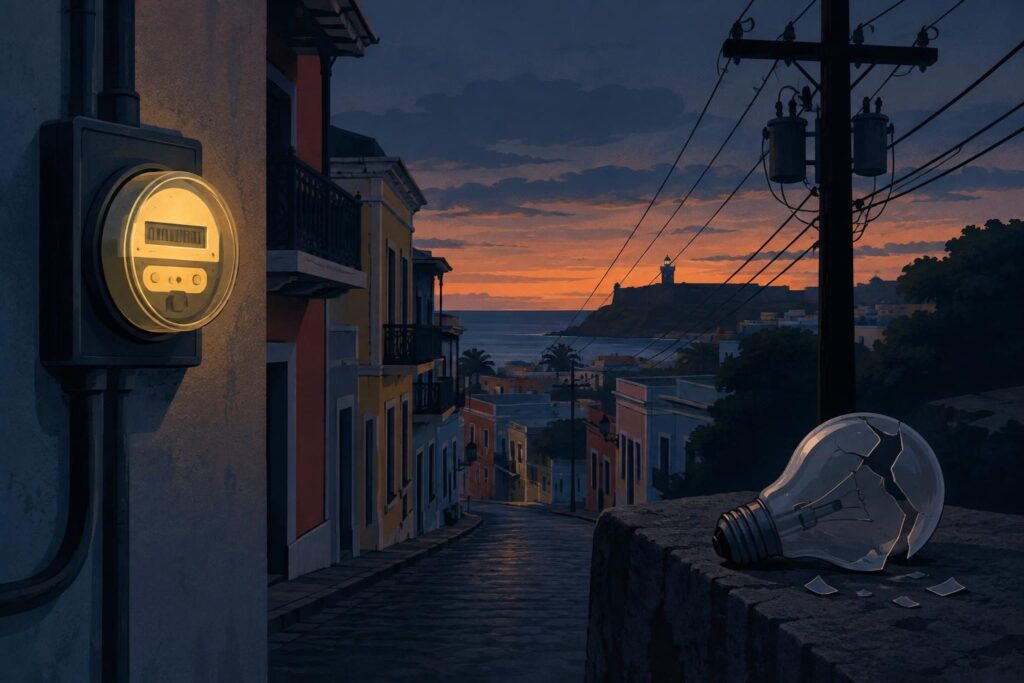 Ilustración de un medidor eléctrico y una bombilla rota en una calle oscura