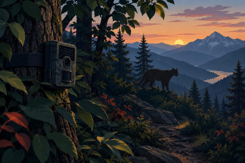 Cámara trampa en un bosque montañoso con silueta de puma