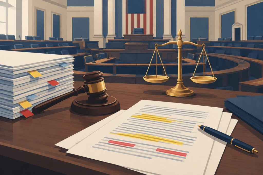 Ilustración de documentos legislativos y una balanza en revisión